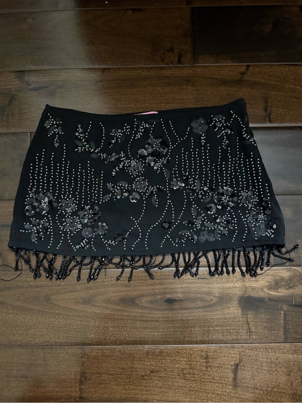 Edikted Black Beaded Floral Fringe Mini Skirt